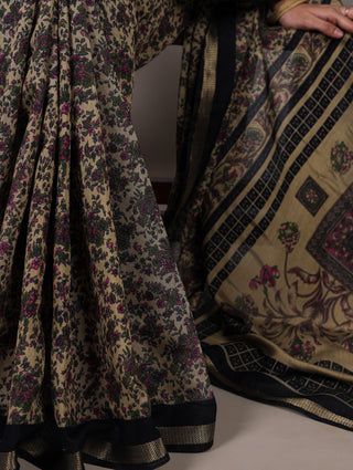 Black Printed Chanderi Polyester Viscose Saree with Zari Weaving Work & Unstitched Blouse — Festive & Traditional Party Wear Saree for Women ClothsVilla