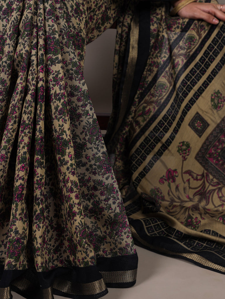 Black Printed Chanderi Polyester Viscose Saree with Zari Weaving Work & Unstitched Blouse — Festive & Traditional Party Wear Saree for Women ClothsVilla