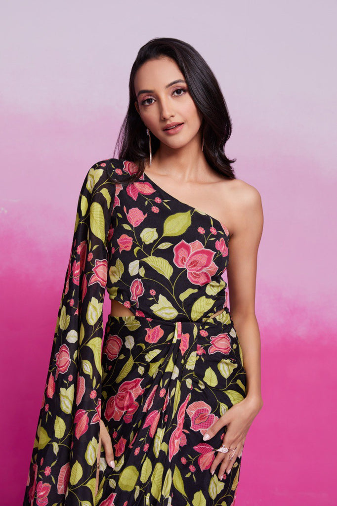 Black Printed Chinon Silk Kurta Set Ready To Wear Elegant Ensemble ClothsVilla