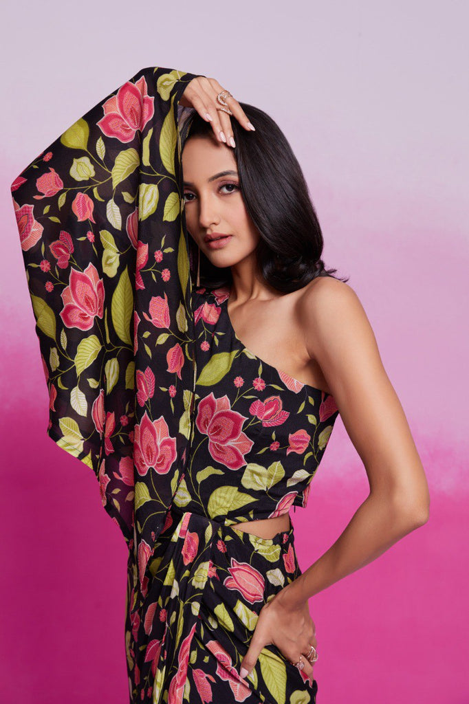 Black Printed Chinon Silk Kurta Set Ready To Wear Elegant Ensemble ClothsVilla