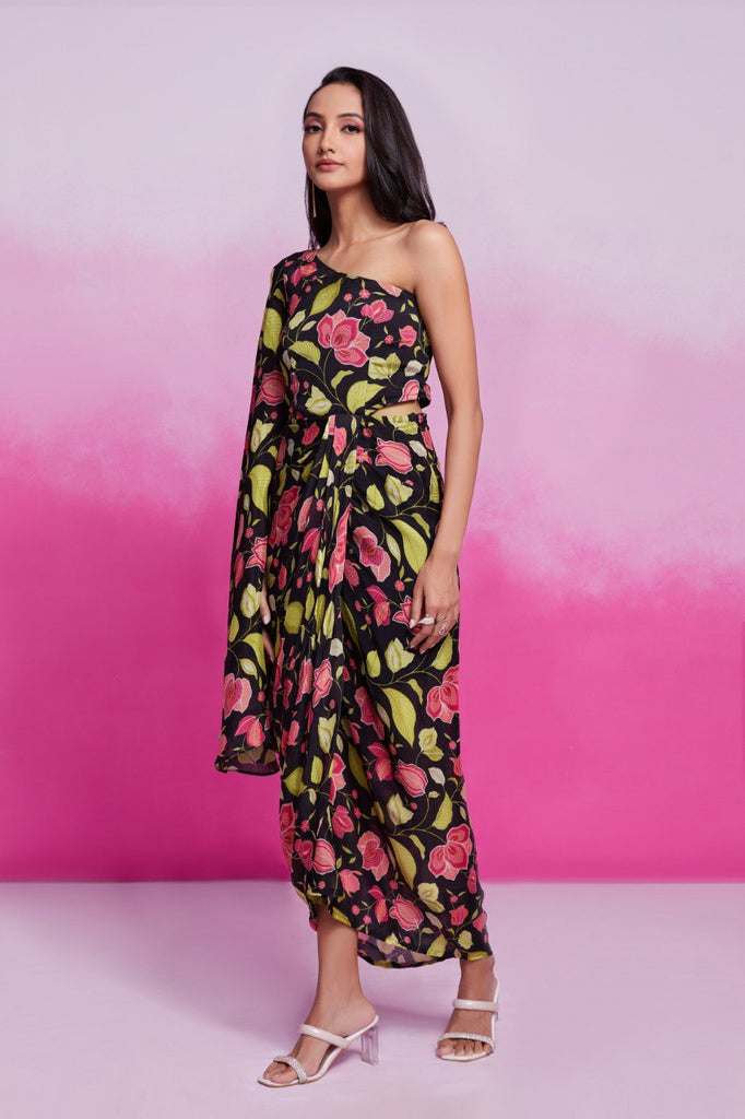 Black Printed Chinon Silk Kurta Set Ready To Wear Elegant Ensemble ClothsVilla