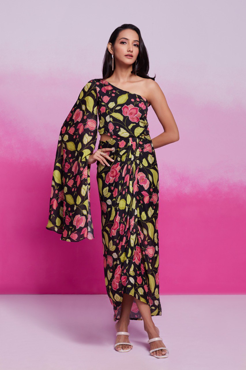Black Printed Chinon Silk Kurta Set Ready To Wear Elegant Ensemble ClothsVilla Main image