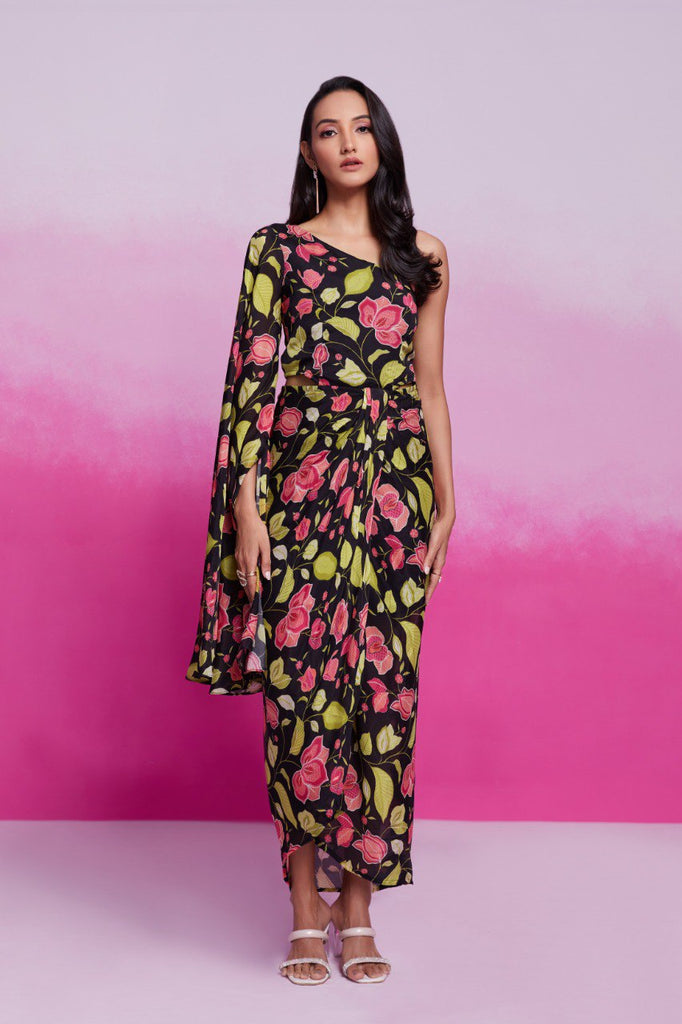 Black Printed Chinon Silk Kurta Set Ready To Wear Elegant Ensemble ClothsVilla