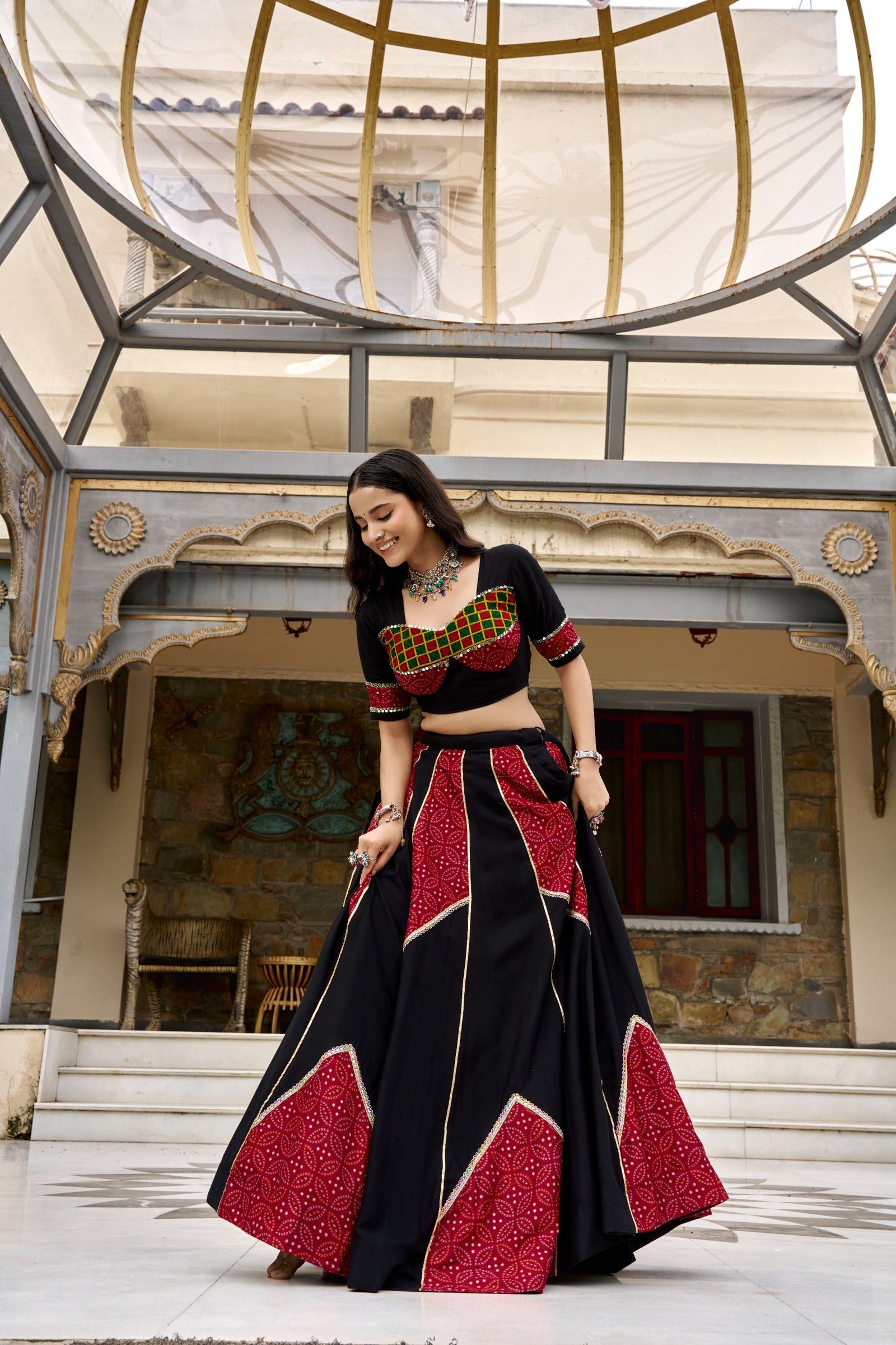 Black Printed Gotta Patti & Mirror Work Lehenga Set ClothsVilla