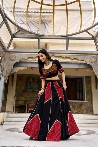 Black Printed Gotta Patti & Mirror Work Lehenga Set ClothsVilla