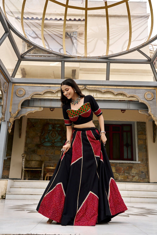 Black Printed Gotta Patti & Mirror Work Lehenga Set ClothsVilla