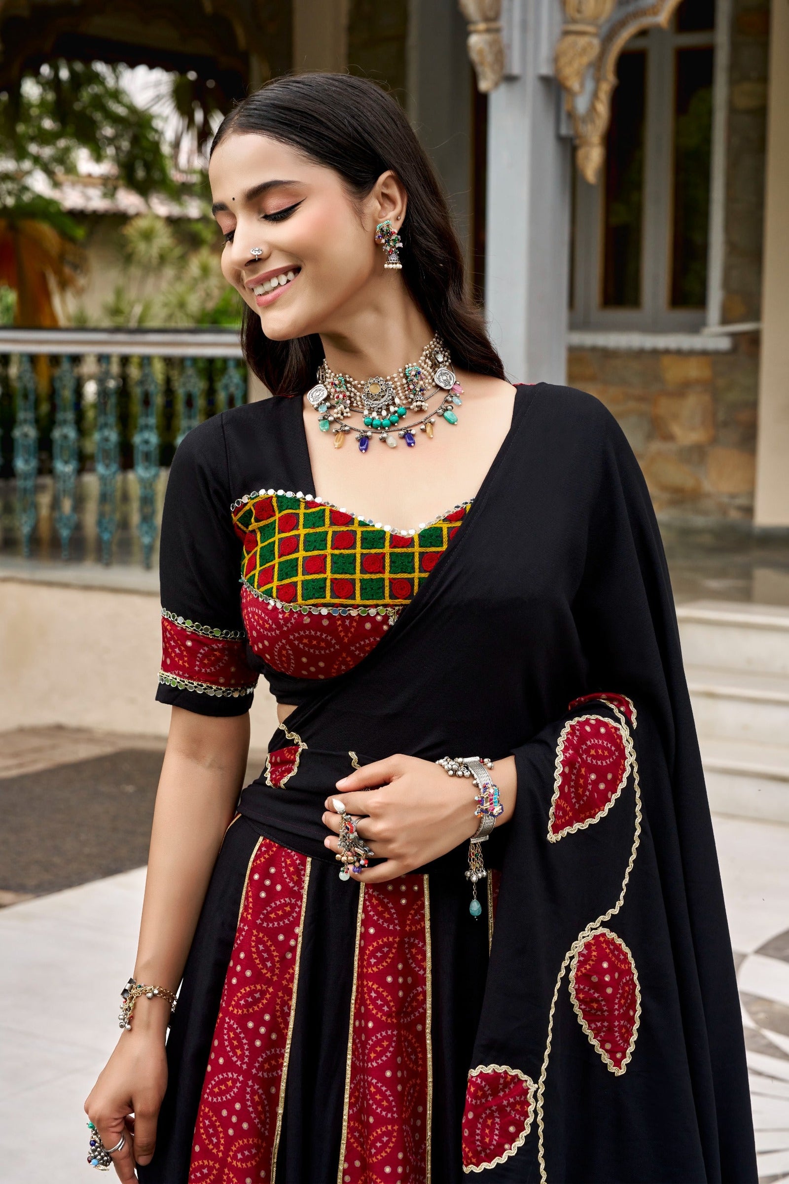 Black Printed Gotta Patti & Mirror Work Lehenga Set ClothsVilla