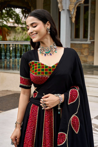 Black Printed Gotta Patti & Mirror Work Lehenga Set ClothsVilla