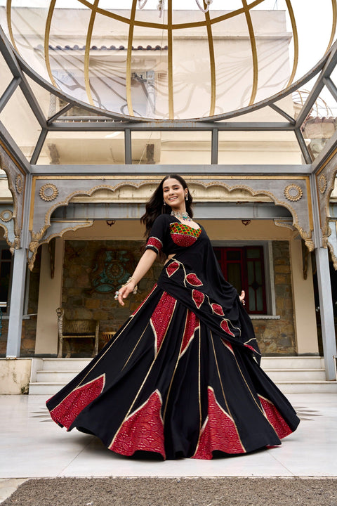 Black Printed Gotta Patti & Mirror Work Lehenga Set ClothsVilla Main image