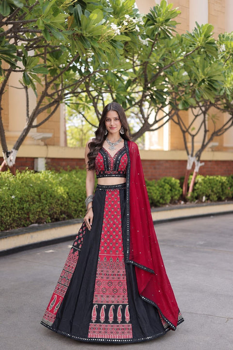 Black Printed Mirror Work Lehenga Set ClothsVilla Main image