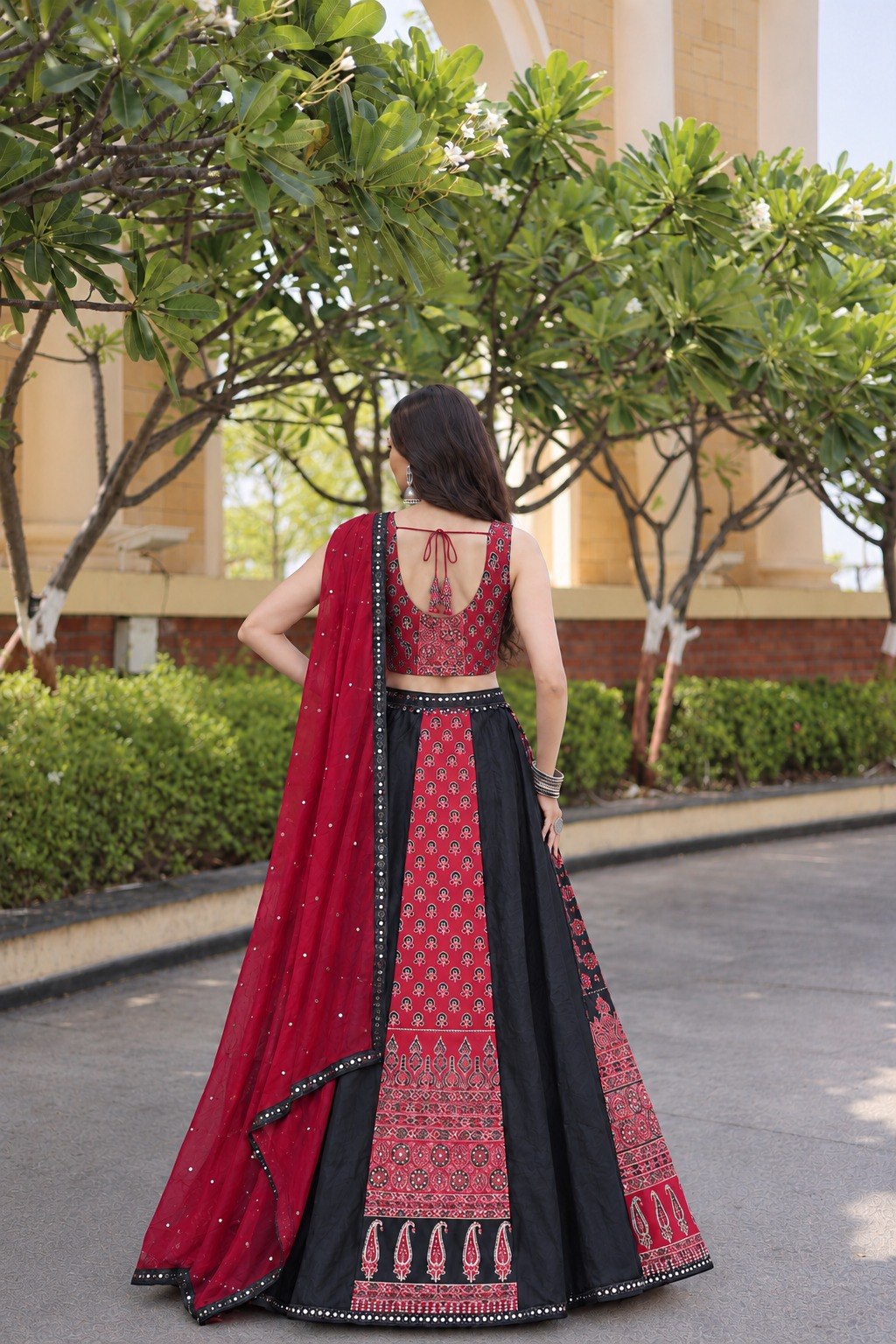 Black Printed Mirror Work Lehenga Set ClothsVilla