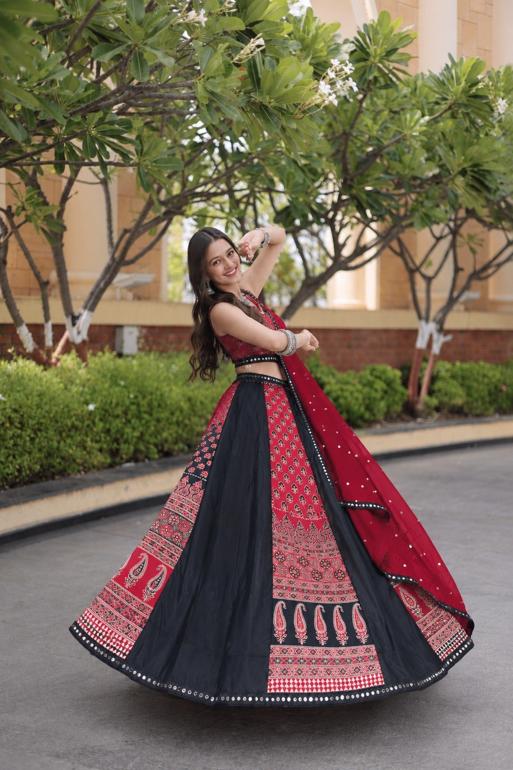 Black Printed Mirror Work Lehenga Set ClothsVilla