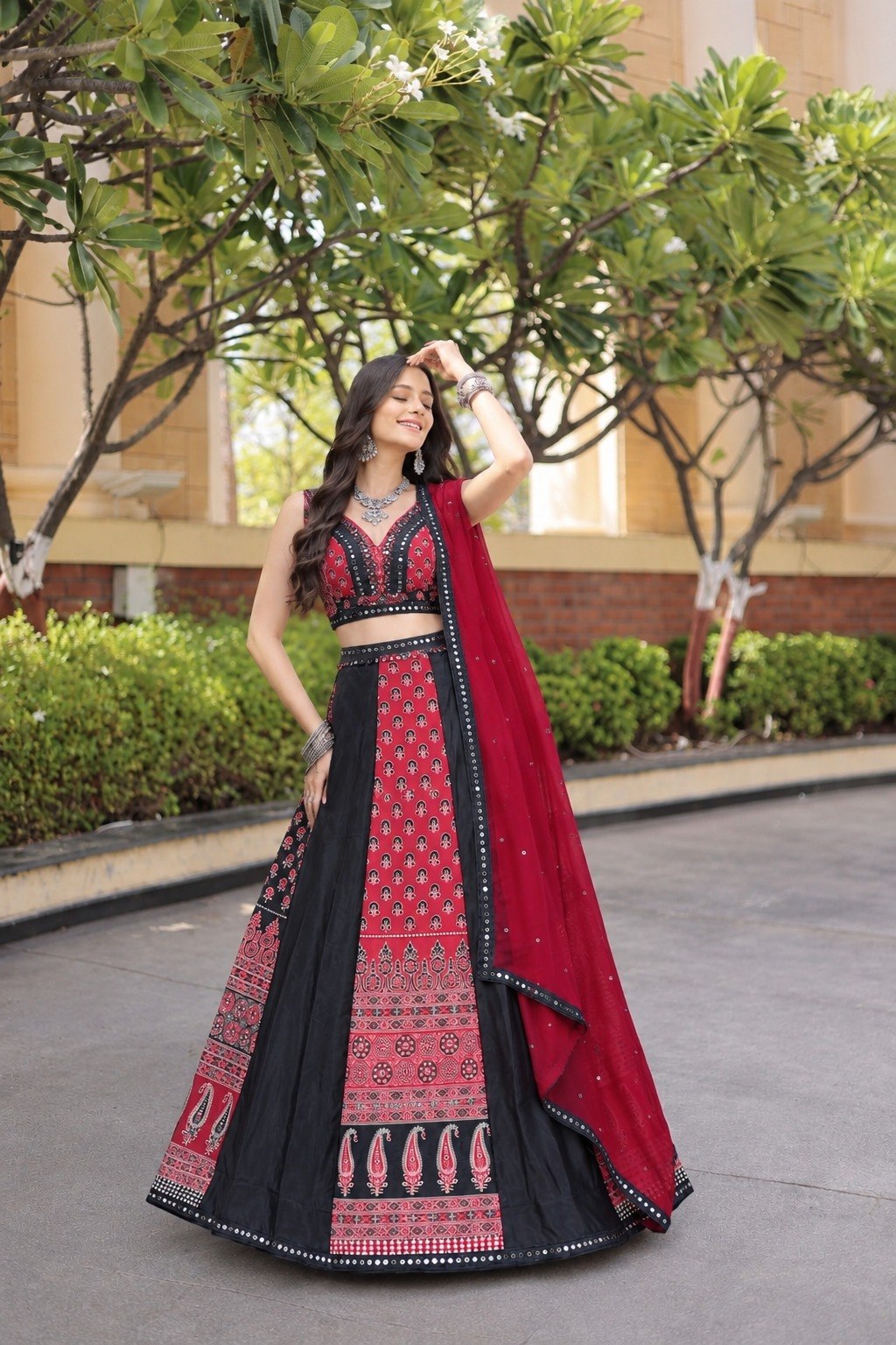Black Printed Mirror Work Lehenga Set ClothsVilla