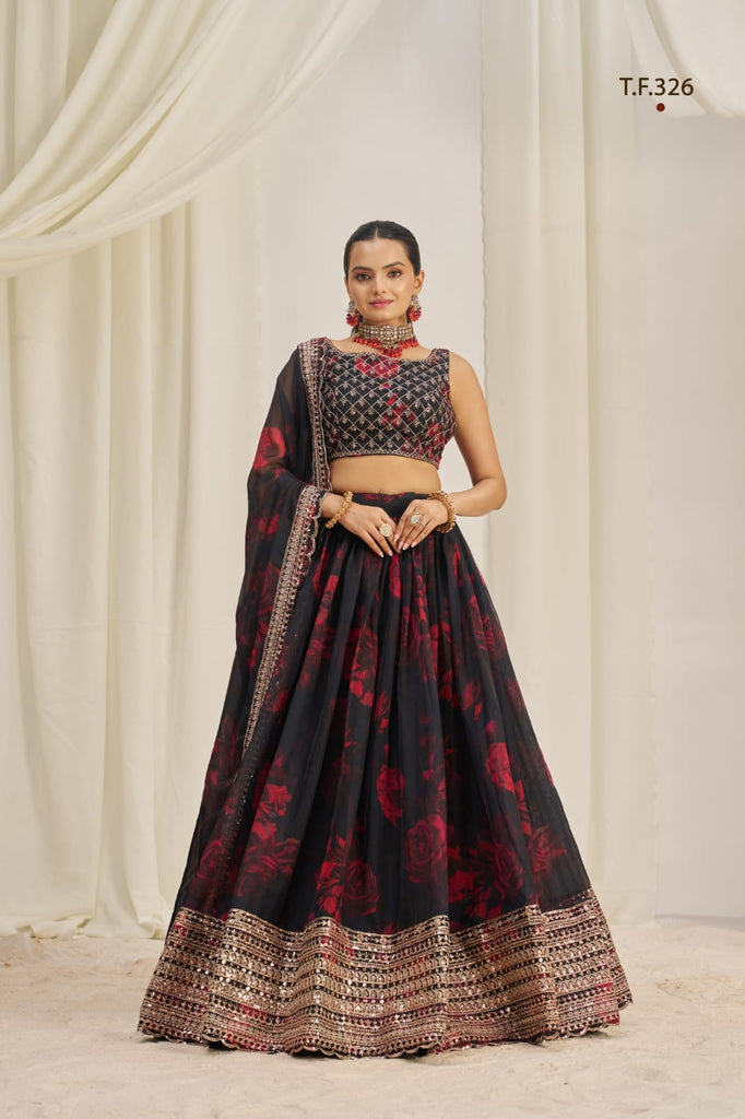 Black Printed Organza Semi-Stitch Lehenga Choli with Zari, Dori, and Sequins Work ClothsVilla