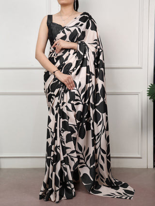 Black Printed Satin Silk Saree ClothsVilla