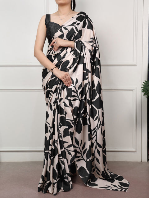 Black Printed Satin Silk Saree ClothsVilla Main image