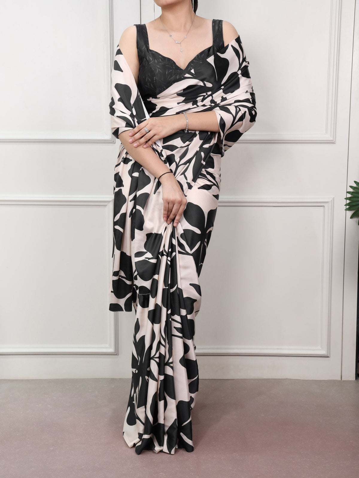 Black Printed Satin Silk Saree ClothsVilla