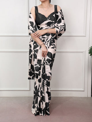 Black Printed Satin Silk Saree ClothsVilla