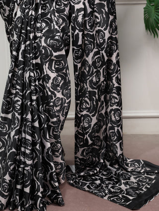 Black Printed Satin Silk Saree ClothsVilla
