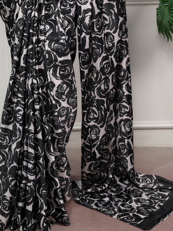 Black Printed Satin Silk Saree ClothsVilla