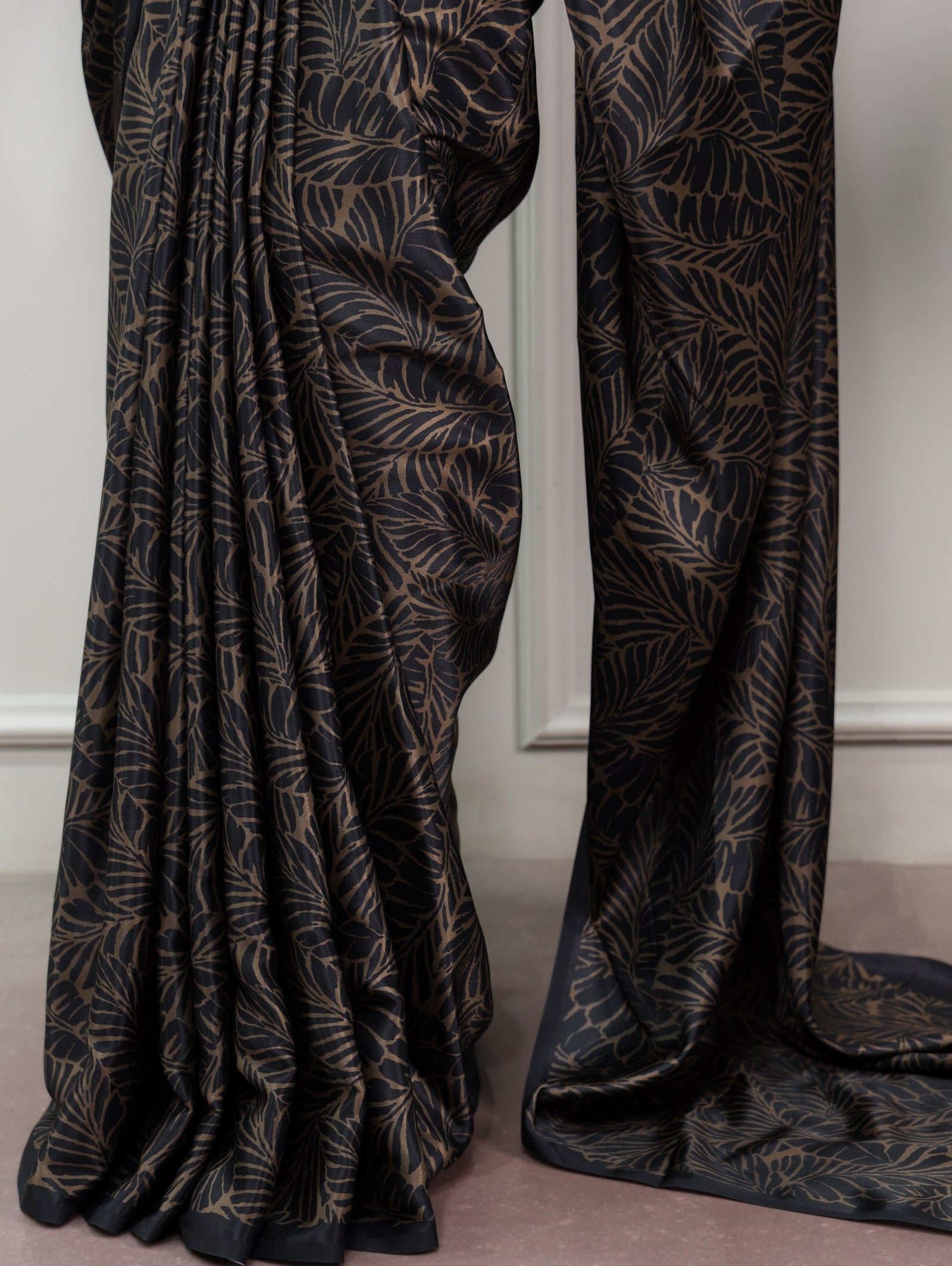 Black Printed Satin Silk Saree ClothsVilla