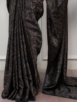Black Printed Satin Silk Saree ClothsVilla