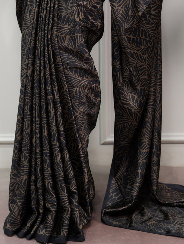 Black Printed Satin Silk Saree ClothsVilla