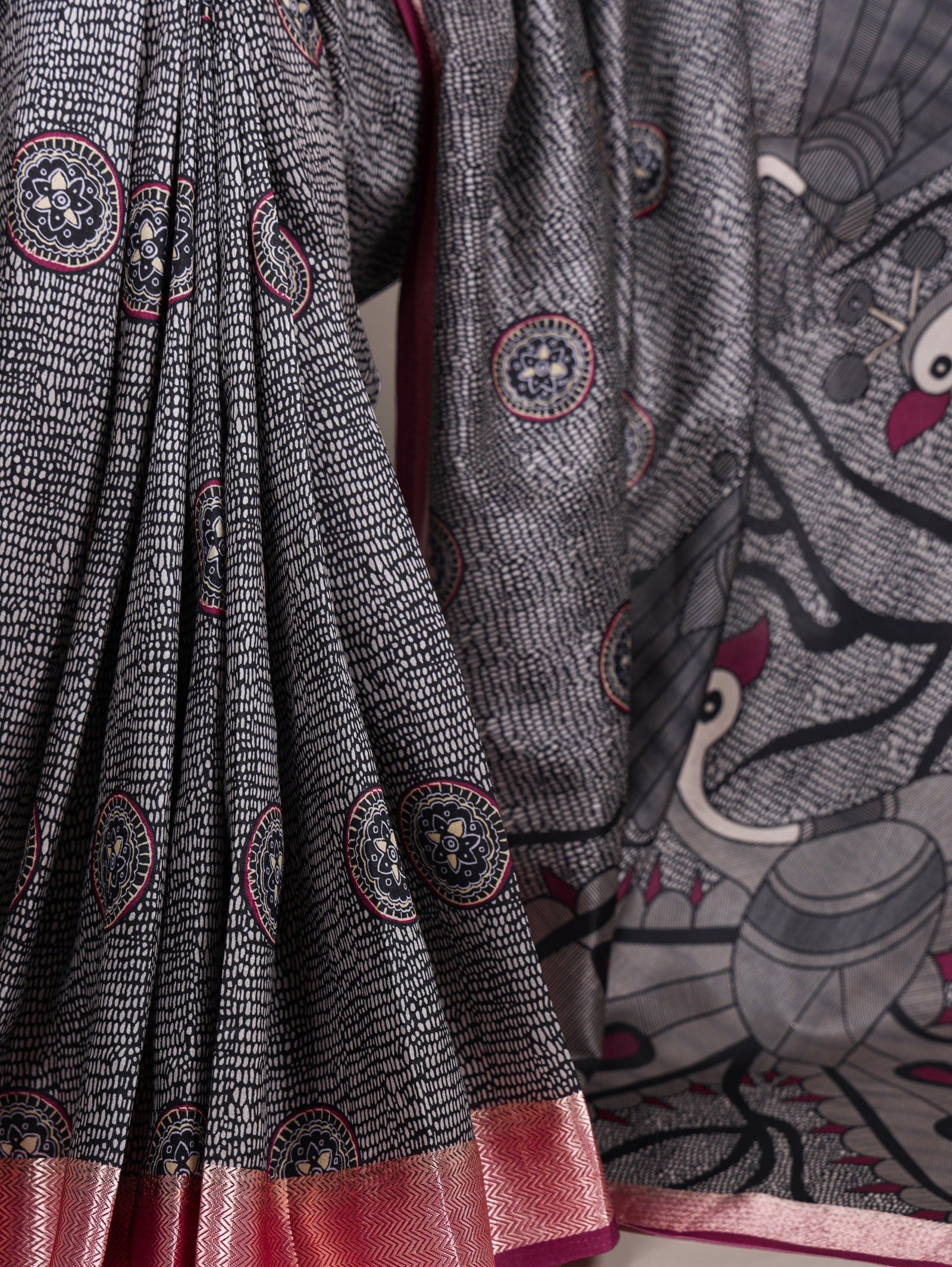 Black Printed Tussar Silk Saree ClothsVilla