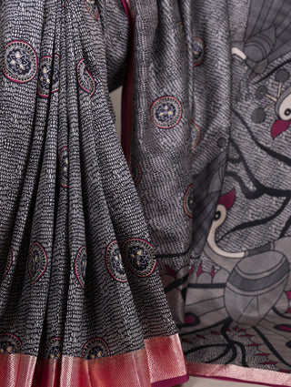 Black Printed Tussar Silk Saree ClothsVilla