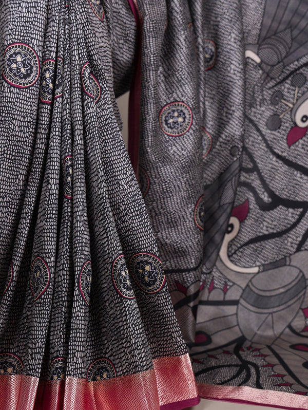 Black Printed Tussar Silk Saree ClothsVilla