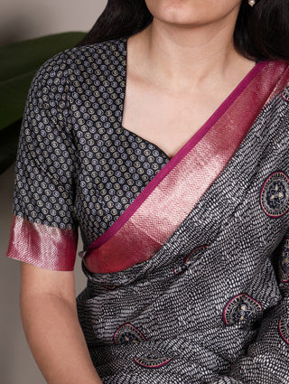 Black Printed Tussar Silk Saree ClothsVilla