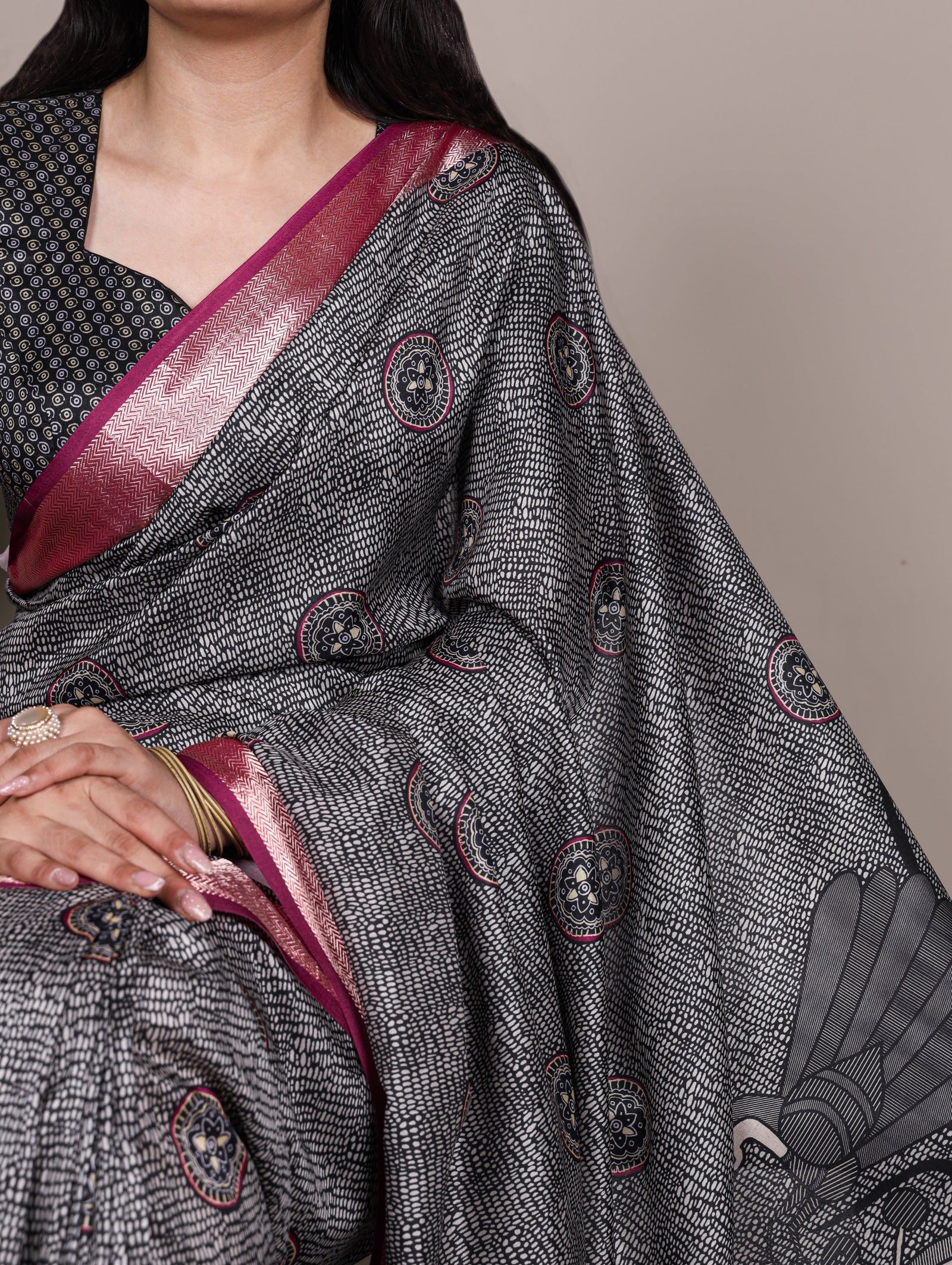 Black Printed Tussar Silk Saree ClothsVilla