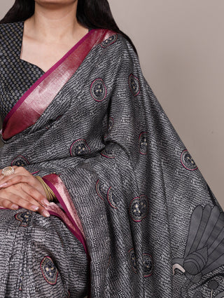 Black Printed Tussar Silk Saree ClothsVilla
