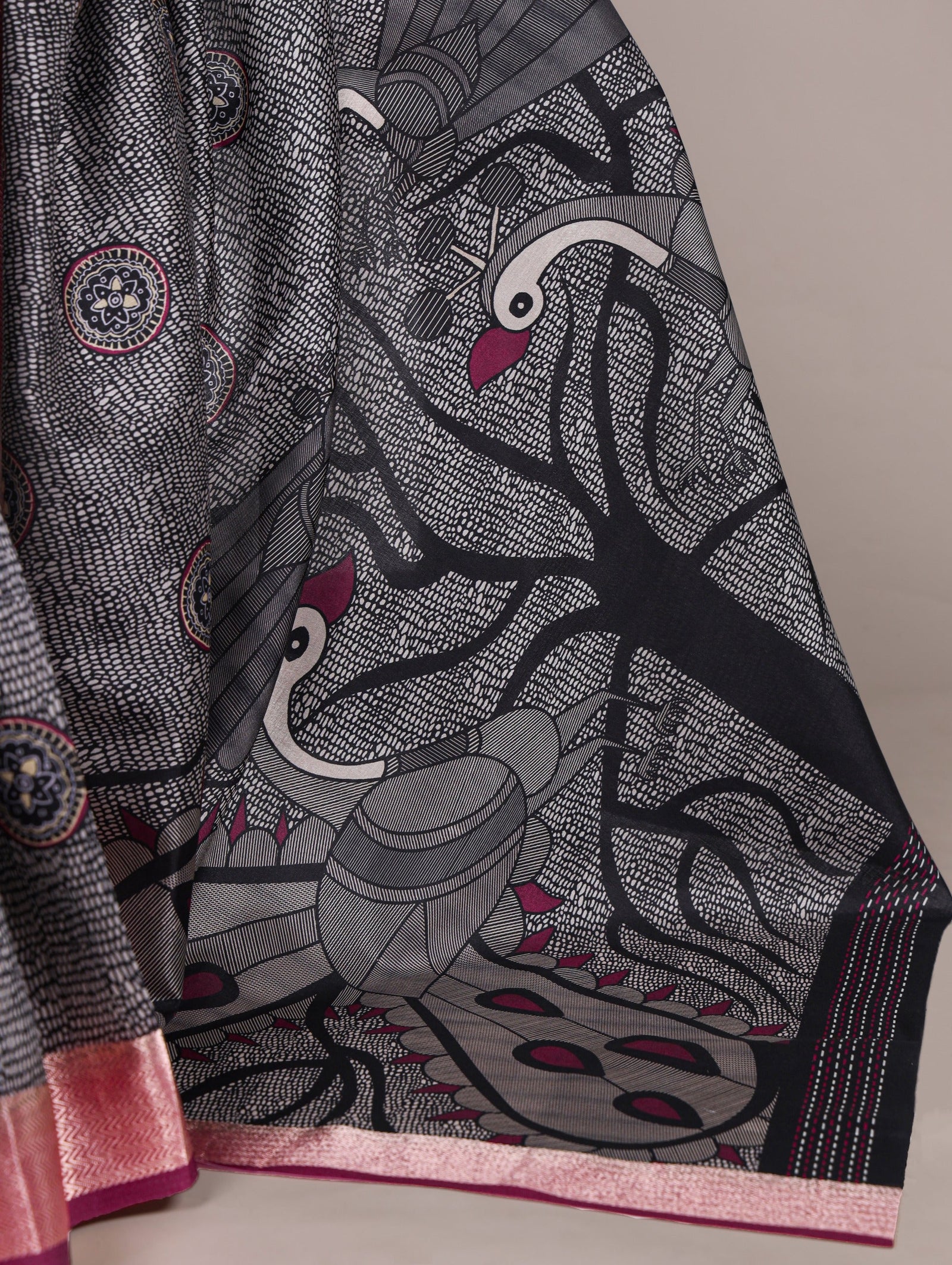 Black Printed Tussar Silk Saree ClothsVilla