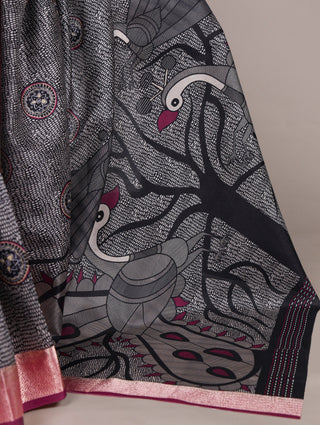 Black Printed Tussar Silk Saree ClothsVilla