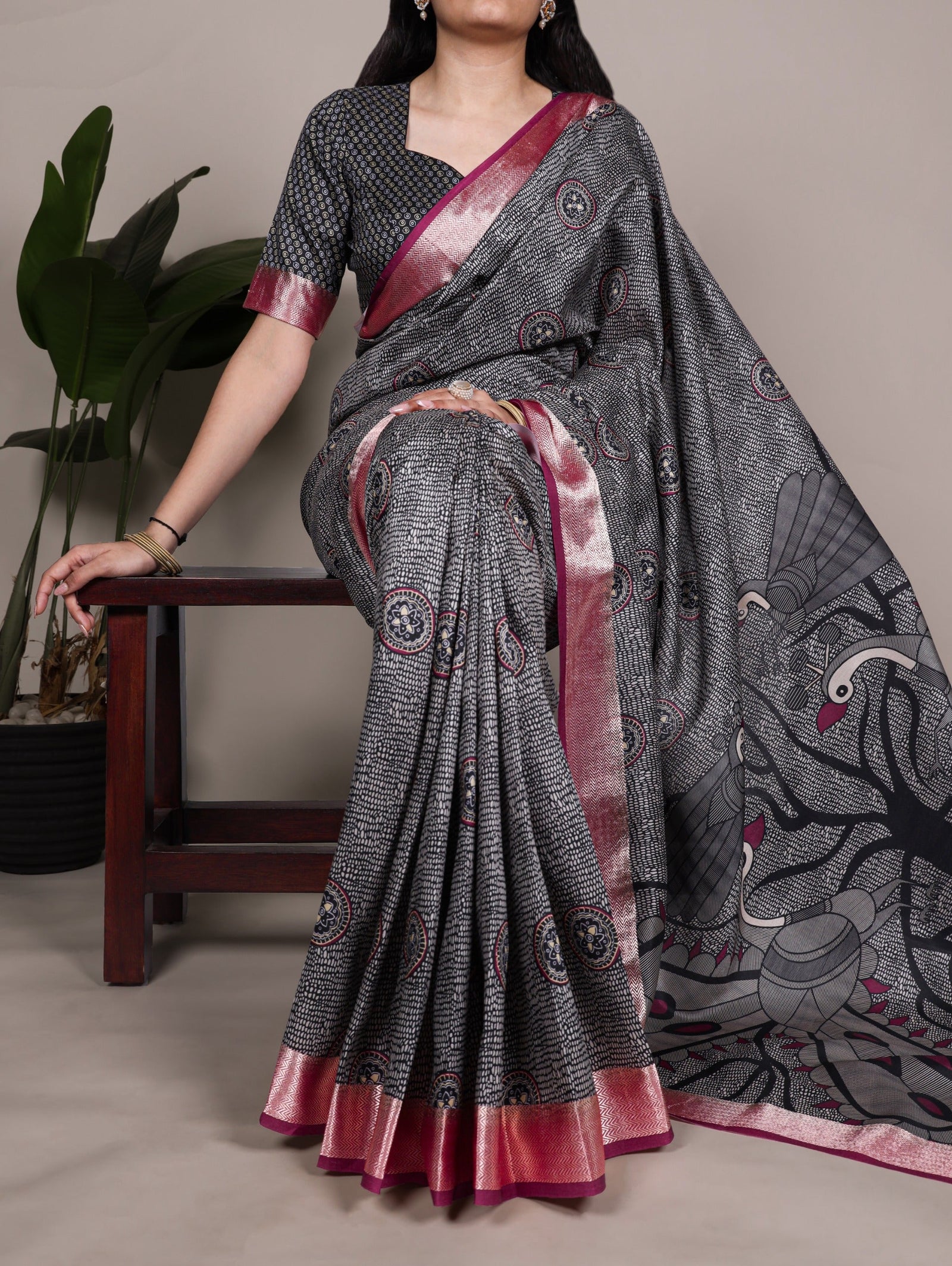 Black Printed Tussar Silk Saree ClothsVilla