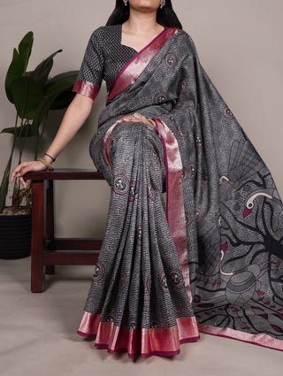 Black Printed Tussar Silk Saree ClothsVilla
