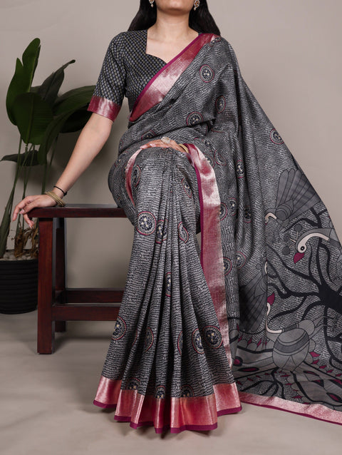 Black Printed Tussar Silk Saree ClothsVilla Main image