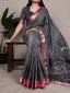 Black Printed Tussar Silk Saree ClothsVilla