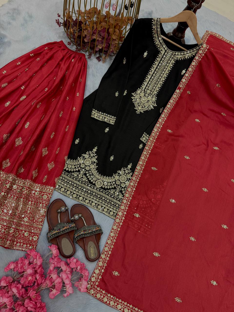Black Pure Chinon Silk Embroidered Palazzo Set with 5mm Sequin Work & Matching Dupatta ClothsVilla