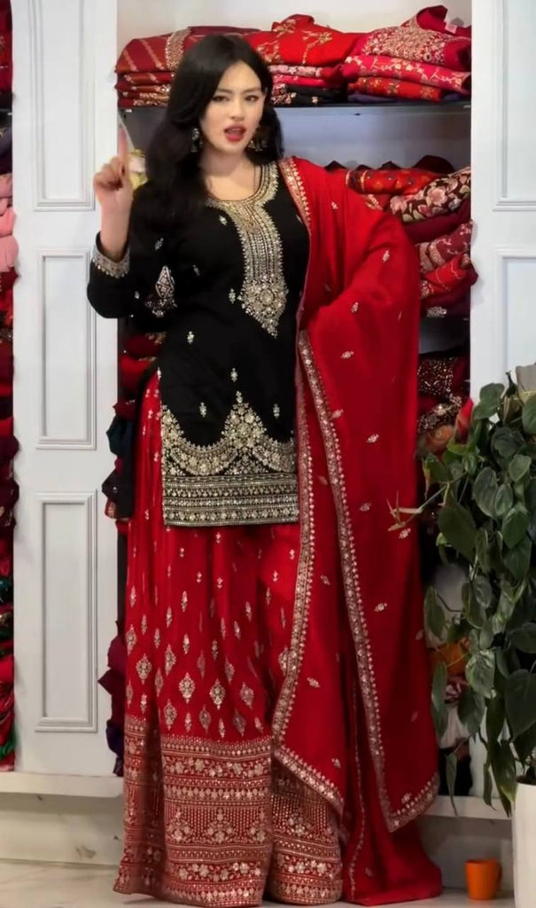 Black Pure Chinon Silk Embroidered Palazzo Set with 5mm Sequin Work & Matching Dupatta ClothsVilla