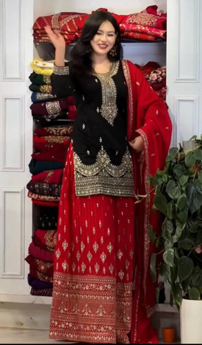 Black Pure Chinon Silk Embroidered Palazzo Set with 5mm Sequin Work & Matching Dupatta ClothsVilla