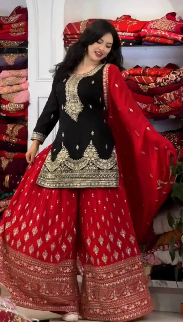 Black Pure Chinon Silk Embroidered Palazzo Set with 5mm Sequin Work & Matching Dupatta ClothsVilla