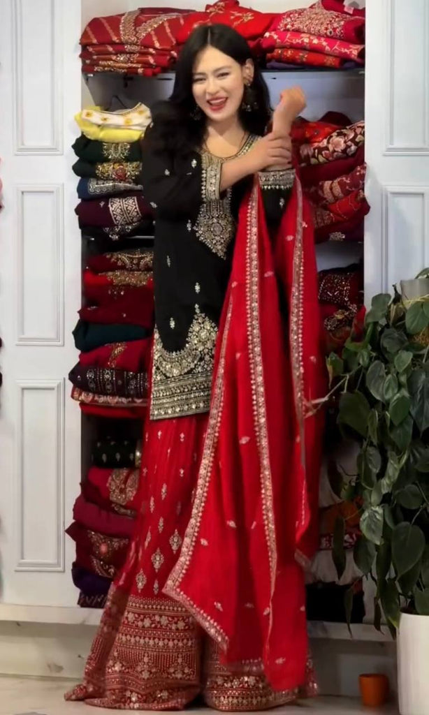 Black Pure Chinon Silk Embroidered Palazzo Set with 5mm Sequin Work & Matching Dupatta ClothsVilla