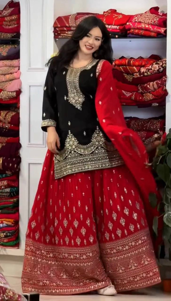 Black Pure Chinon Silk Embroidered Palazzo Set with 5mm Sequin Work & Matching Dupatta ClothsVilla