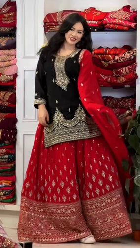 Black Pure Chinon Silk Embroidered Palazzo Set with 5mm Sequin Work & Matching Dupatta ClothsVilla