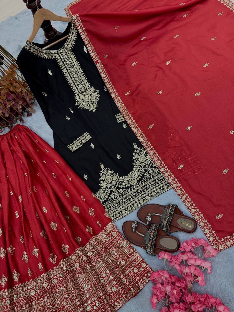 Black Pure Chinon Silk Embroidered Palazzo Set with 5mm Sequin Work & Matching Dupatta ClothsVilla