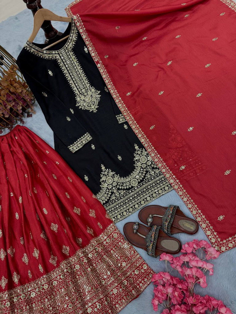 Black Pure Chinon Silk Embroidered Palazzo Set with 5mm Sequin Work & Matching Dupatta ClothsVilla