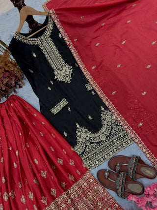 Black Pure Chinon Silk Embroidered Palazzo Set with 5mm Sequin Work & Matching Dupatta ClothsVilla