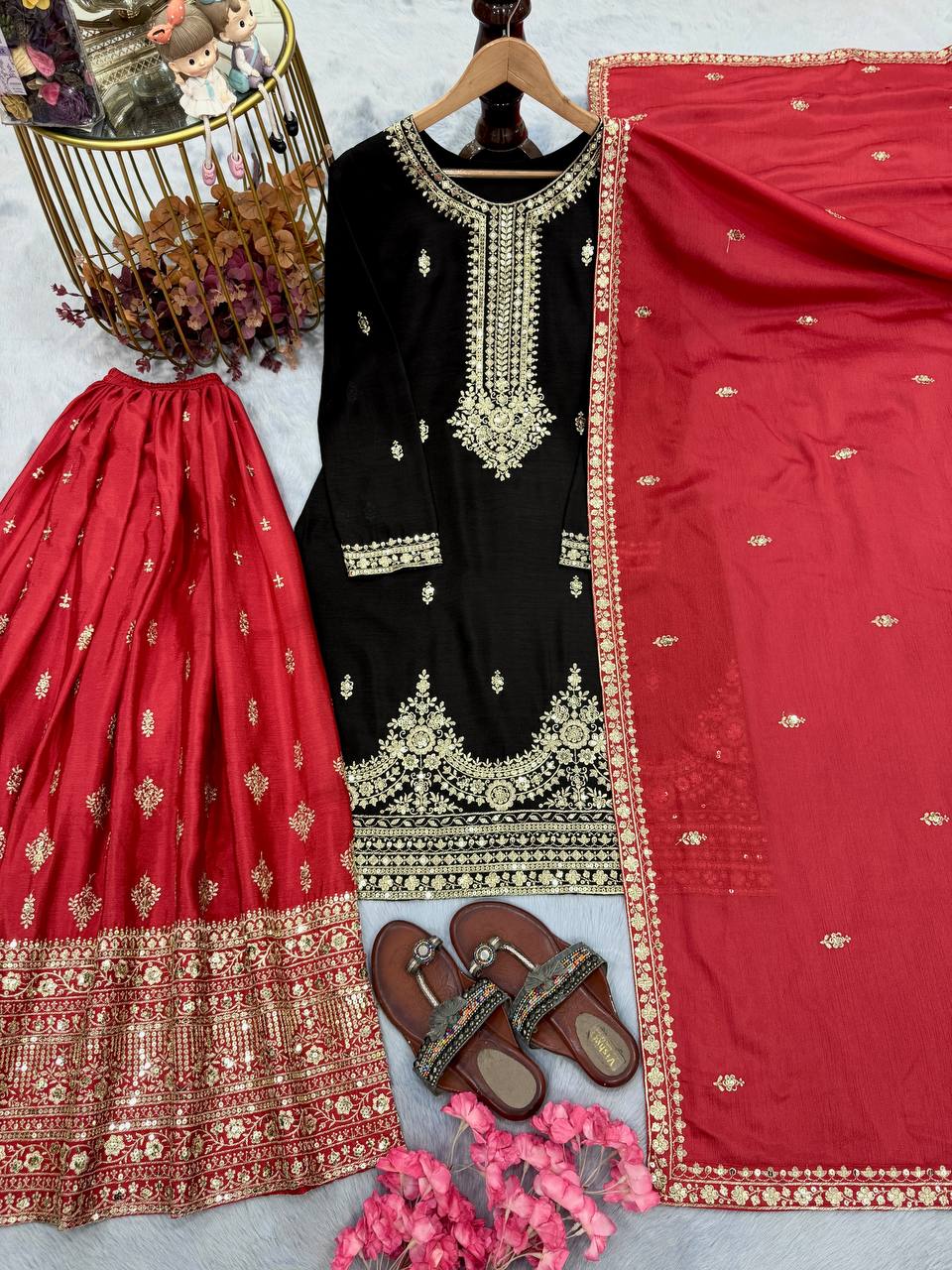 Black Pure Chinon Silk Embroidered Palazzo Set with 5mm Sequin Work & Matching Dupatta ClothsVilla